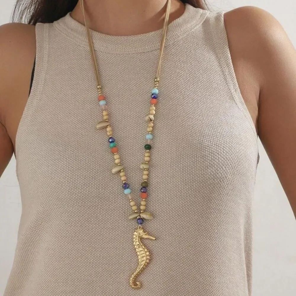 Gold Seahorse Pendant Necklace with Multicolor Beads R277